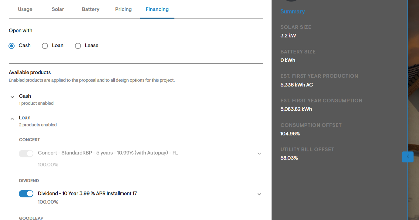 Financing controls on Express Editor